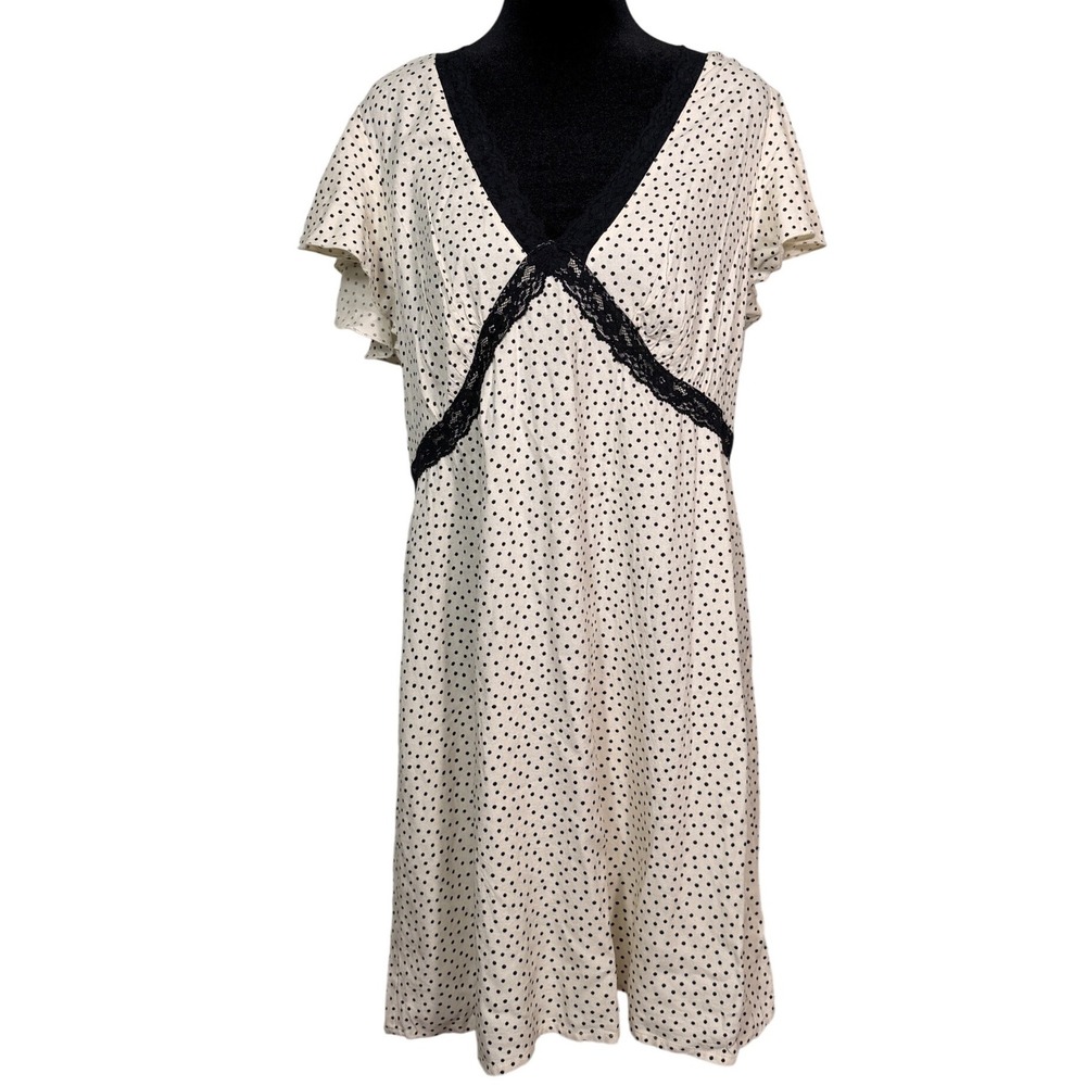 Vintage Style Polka Dot Lace Trim Babydoll Dress Cream Black Rayon Size Large